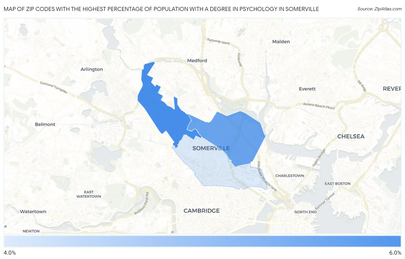 Zip Codes with the Highest Percentage of Population with a Degree in Psychology in Somerville Map