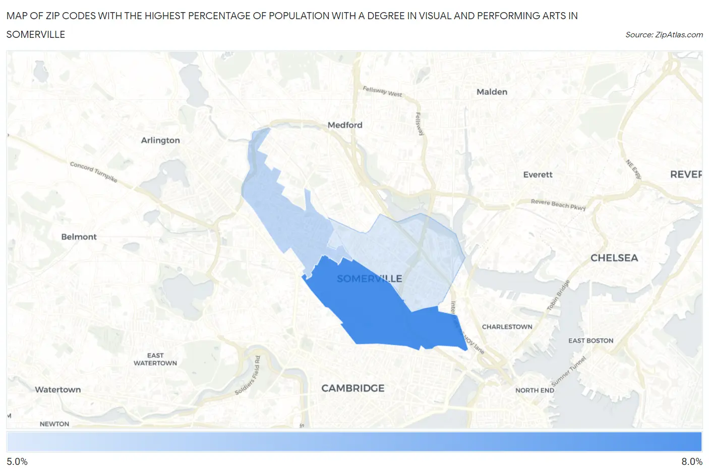 Zip Codes with the Highest Percentage of Population with a Degree in Visual and Performing Arts in Somerville Map