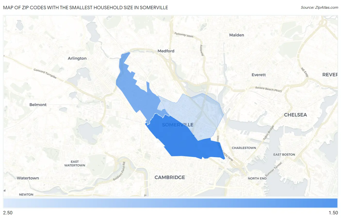 Zip Codes with the Smallest Household Size in Somerville Map