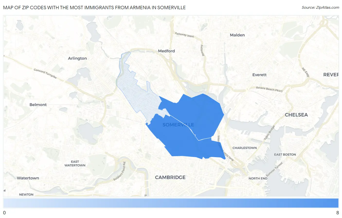 Zip Codes with the Most Immigrants from Armenia in Somerville Map
