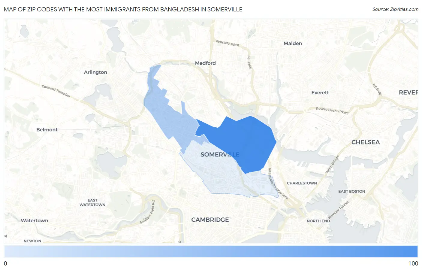 Zip Codes with the Most Immigrants from Bangladesh in Somerville Map