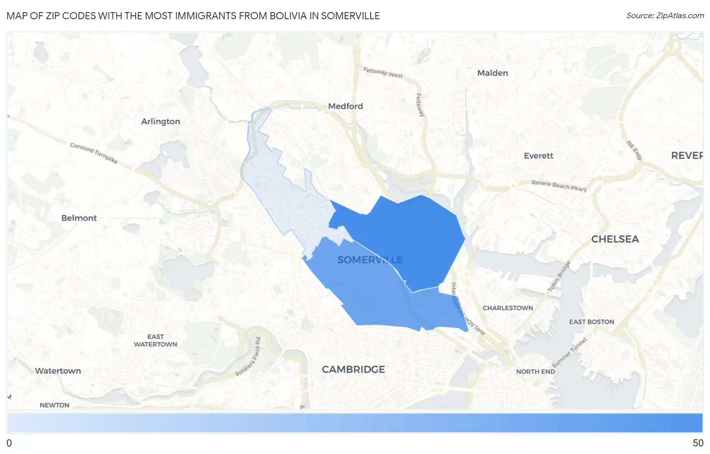 Zip Codes with the Most Immigrants from Bolivia in Somerville Map