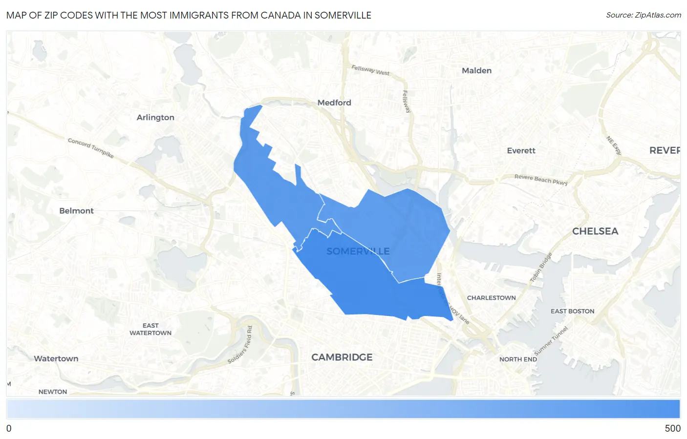Zip Codes with the Most Immigrants from Canada in Somerville Map