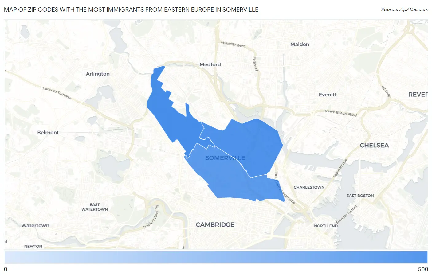 Zip Codes with the Most Immigrants from Eastern Europe in Somerville Map