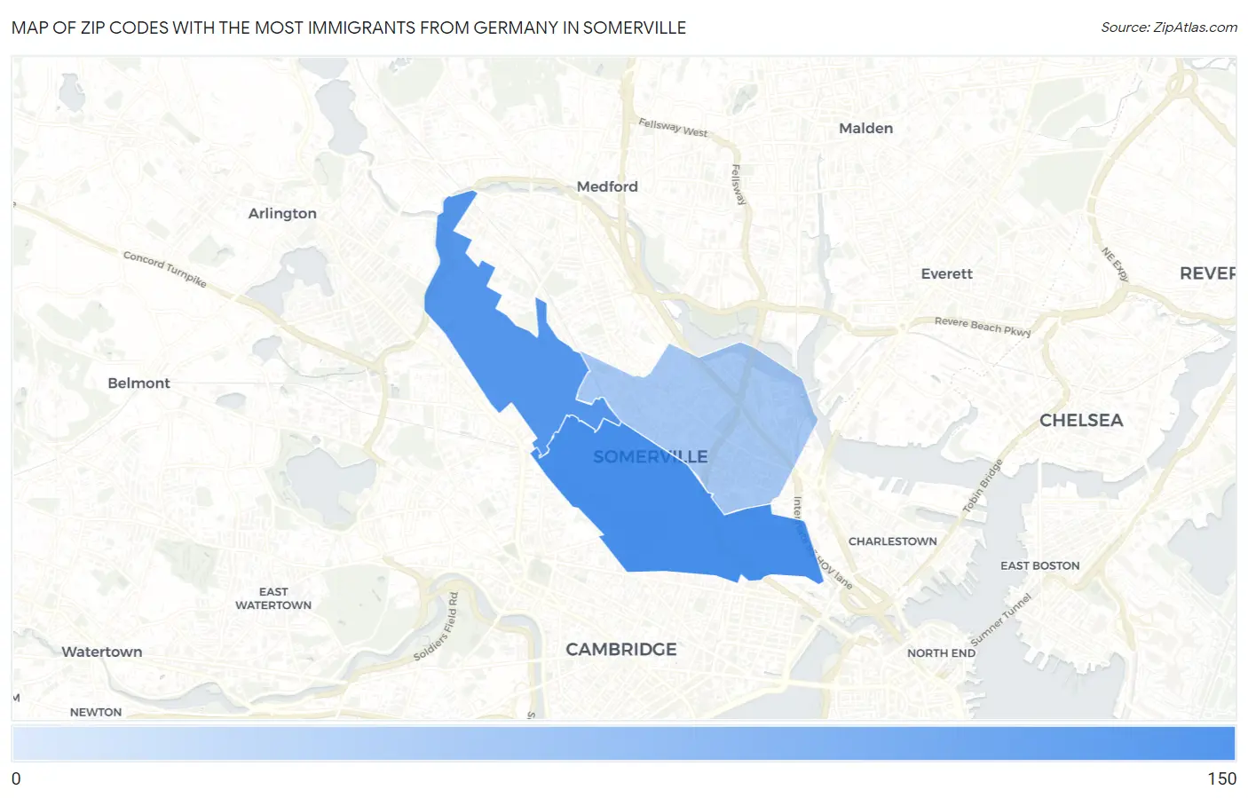 Zip Codes with the Most Immigrants from Germany in Somerville Map