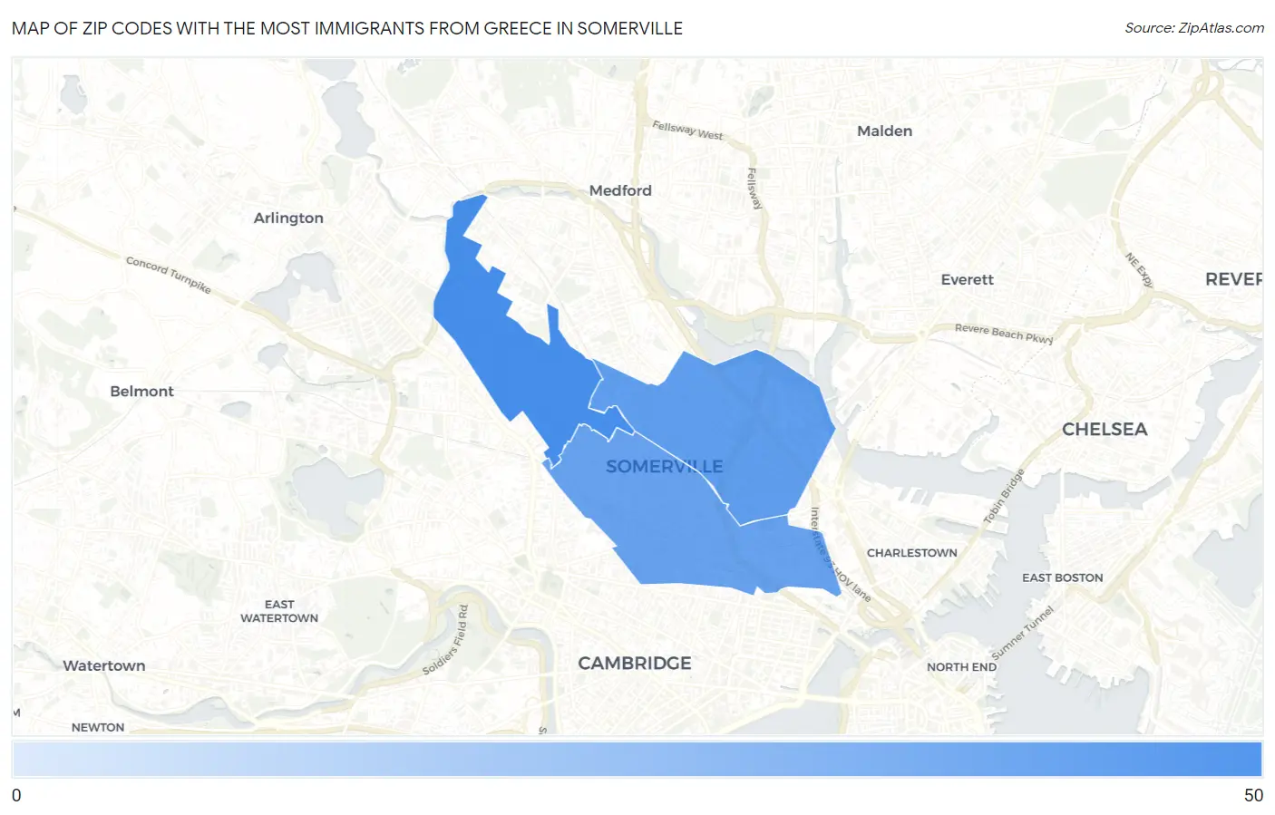 Zip Codes with the Most Immigrants from Greece in Somerville Map