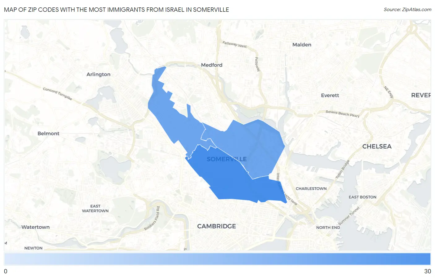 Zip Codes with the Most Immigrants from Israel in Somerville Map