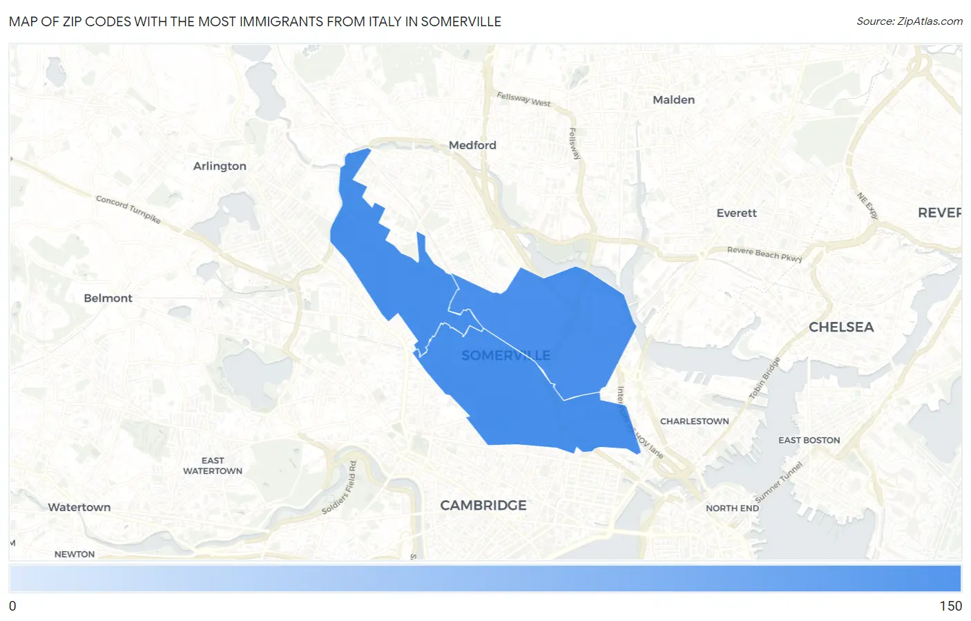 Zip Codes with the Most Immigrants from Italy in Somerville Map