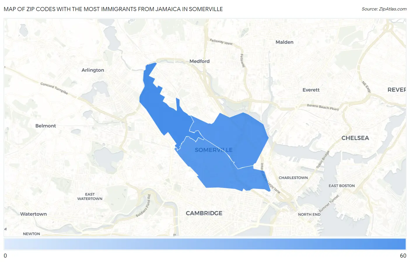 Zip Codes with the Most Immigrants from Jamaica in Somerville Map
