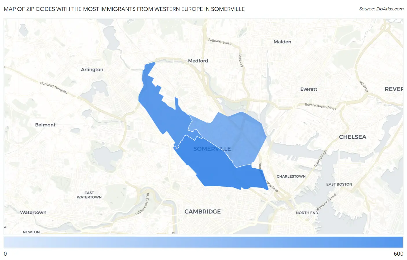 Zip Codes with the Most Immigrants from Western Europe in Somerville Map