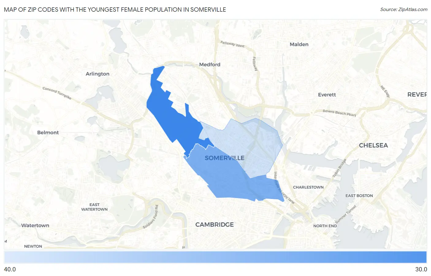 Zip Codes with the Youngest Female Population in Somerville Map