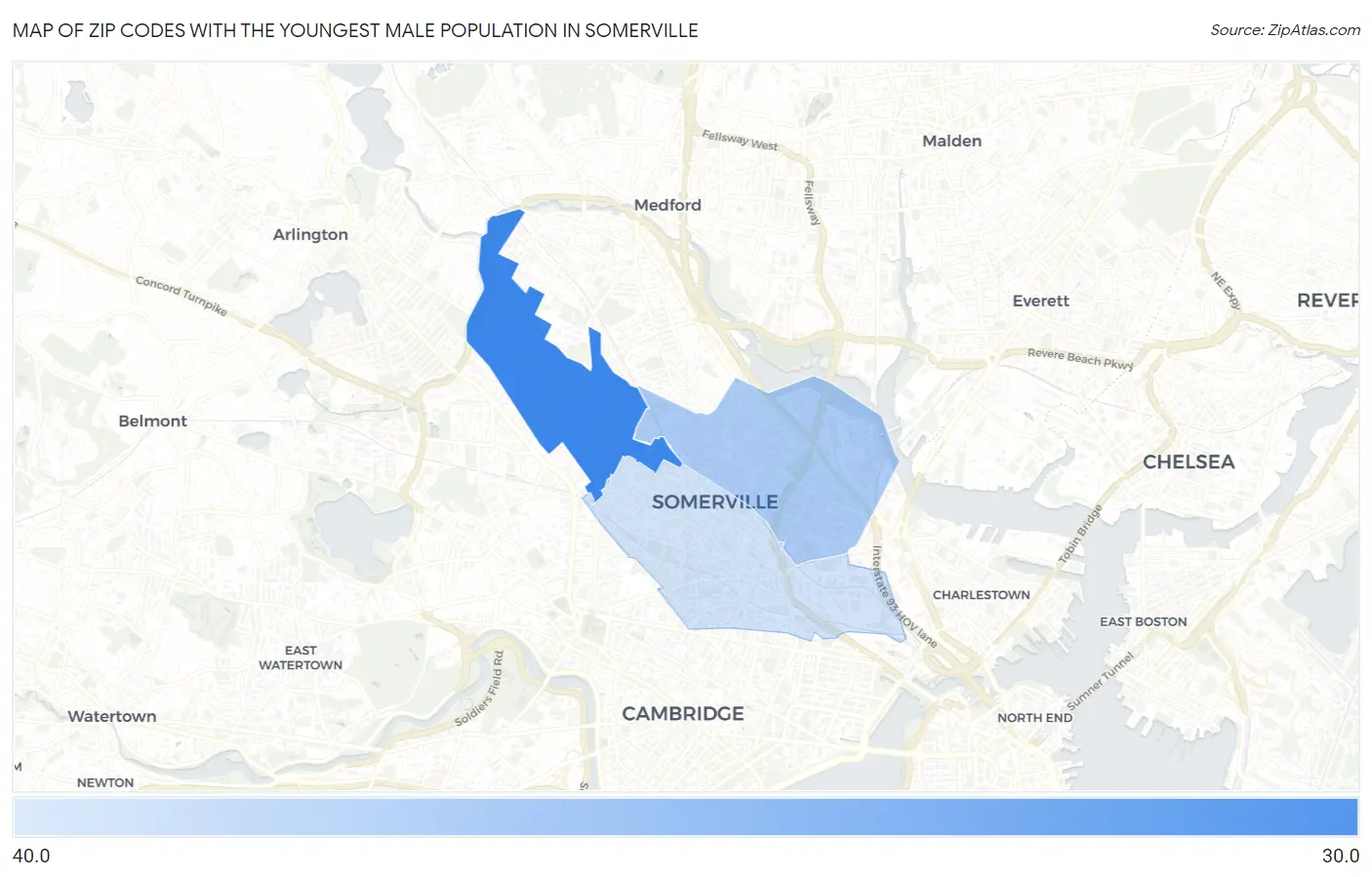 Zip Codes with the Youngest Male Population in Somerville Map