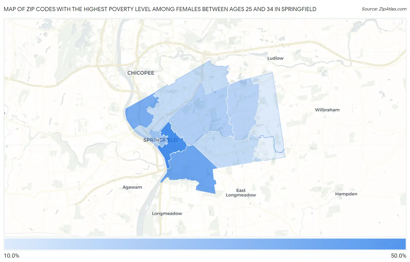 Zip Codes with the Highest Poverty Level Among Females Between Ages 25 and 34 in Springfield Map