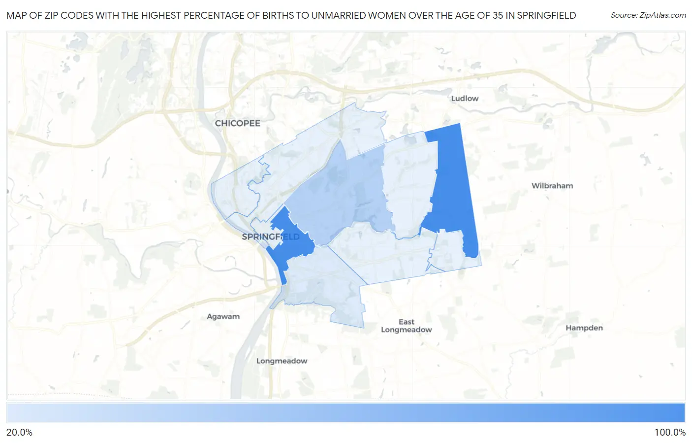 Zip Codes with the Highest Percentage of Births to Unmarried Women over the Age of 35 in Springfield Map