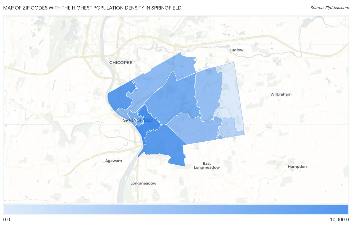 Zip Codes with the Highest Population Density in Springfield Map