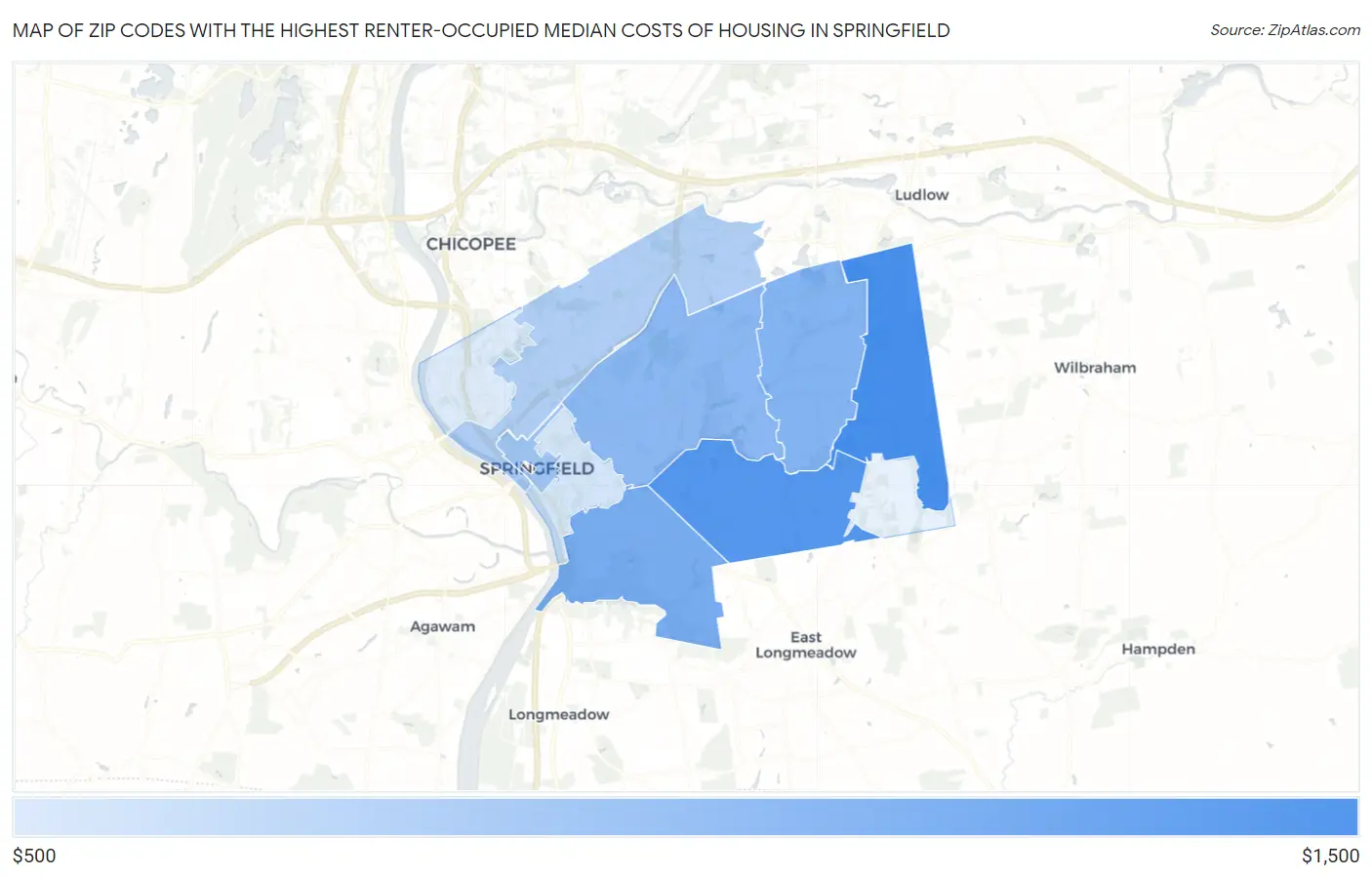 Zip Codes with the Highest Renter-Occupied Median Costs of Housing in Springfield Map