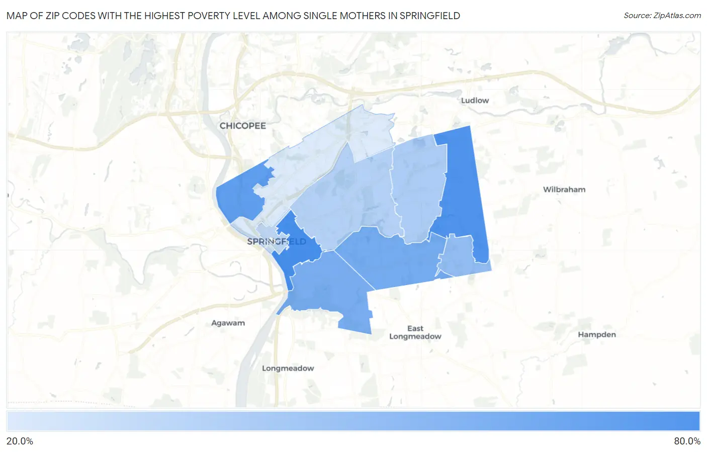 Zip Codes with the Highest Poverty Level Among Single Mothers in Springfield Map
