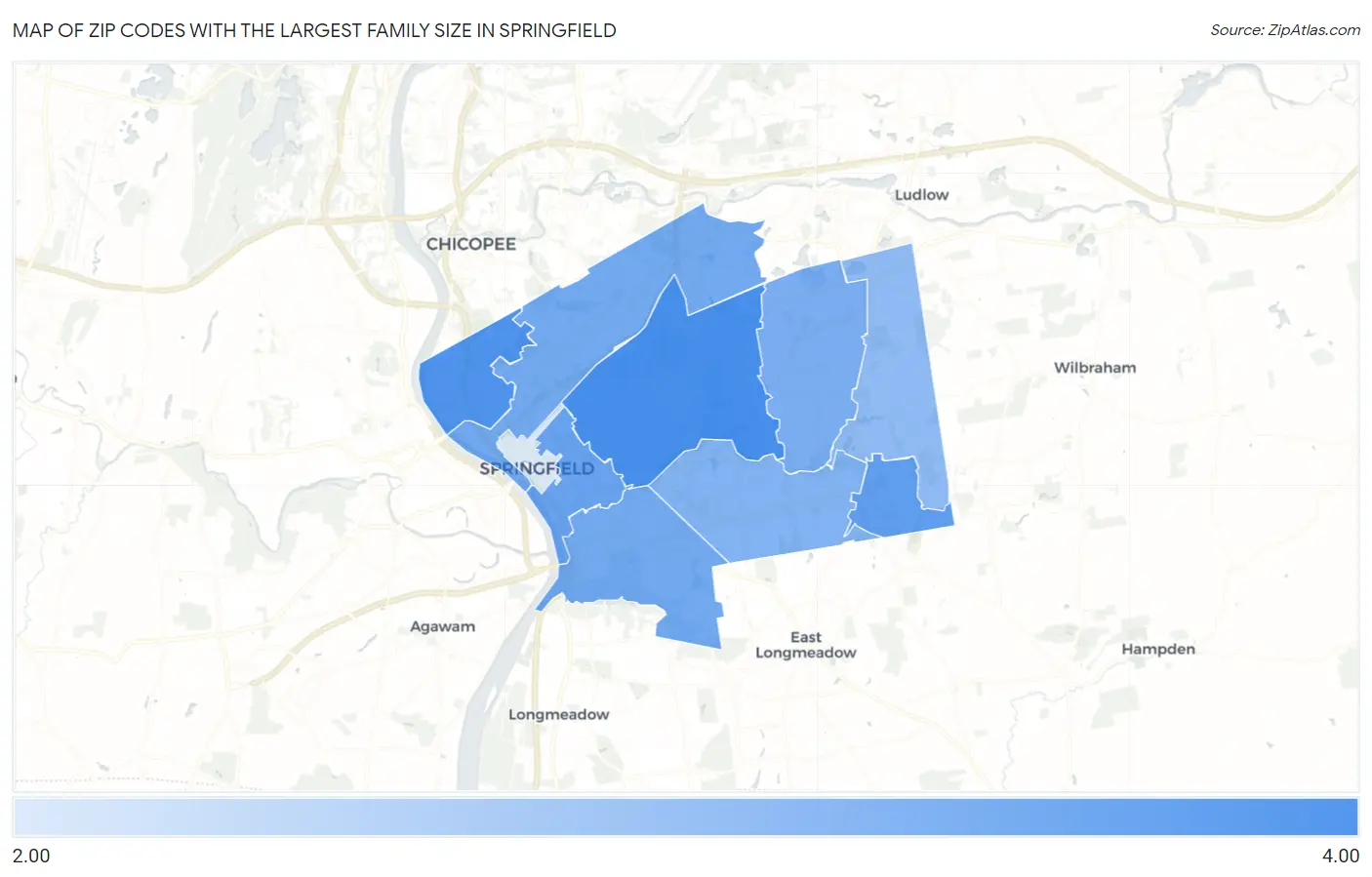 Zip Codes with the Largest Family Size in Springfield Map