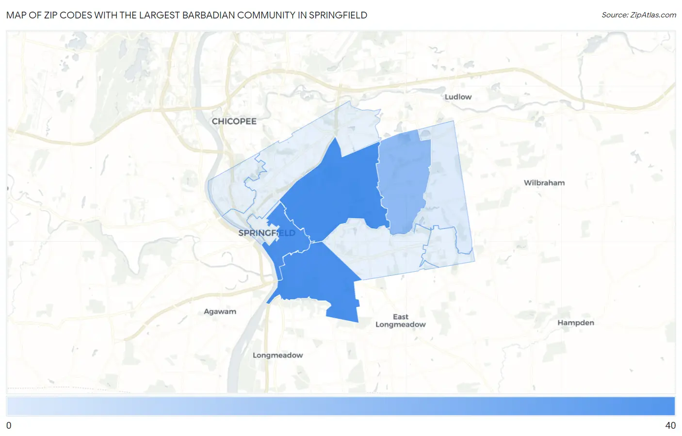 Zip Codes with the Largest Barbadian Community in Springfield Map