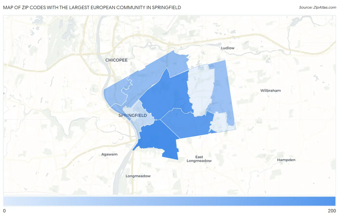 Zip Codes with the Largest European Community in Springfield Map