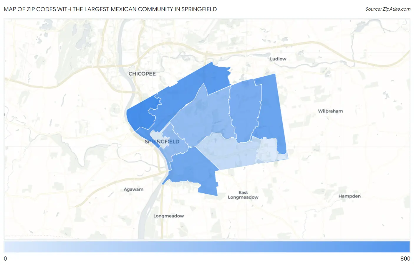 Zip Codes with the Largest Mexican Community in Springfield Map