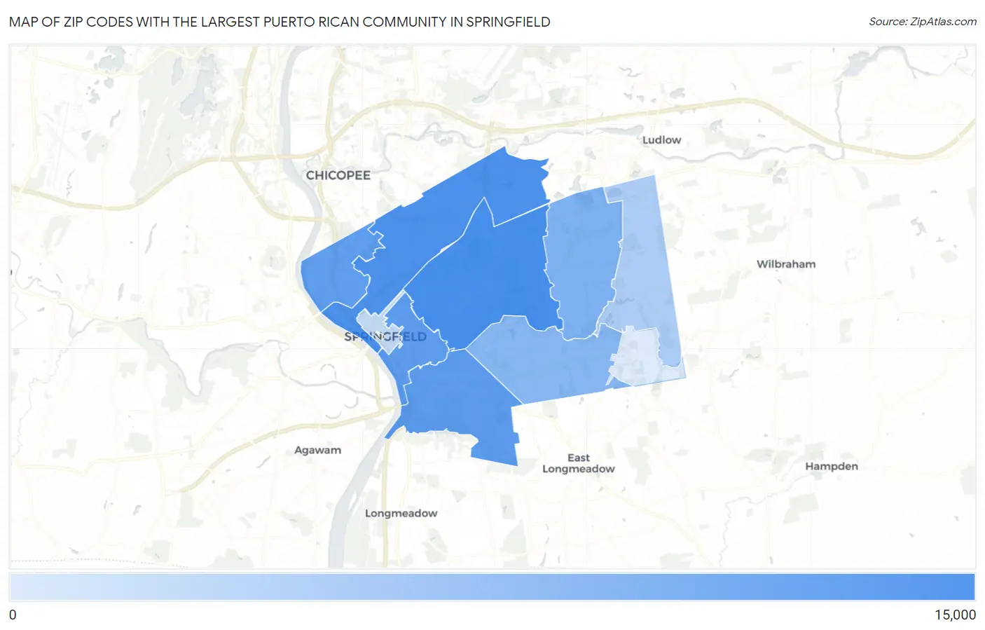 Zip Codes with the Largest Puerto Rican Community in Springfield Map