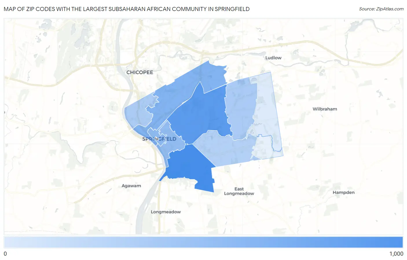 Zip Codes with the Largest Subsaharan African Community in Springfield Map