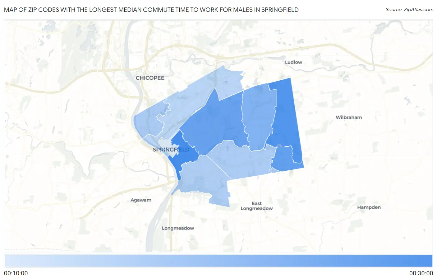 Zip Codes with the Longest Median Commute Time to Work for Males in Springfield Map