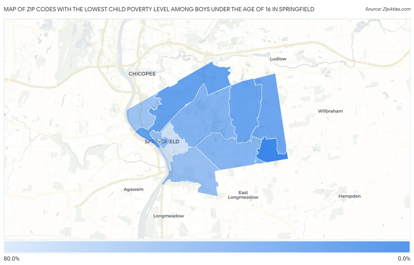 Zip Codes with the Lowest Child Poverty Level Among Boys Under the Age of 16 in Springfield Map