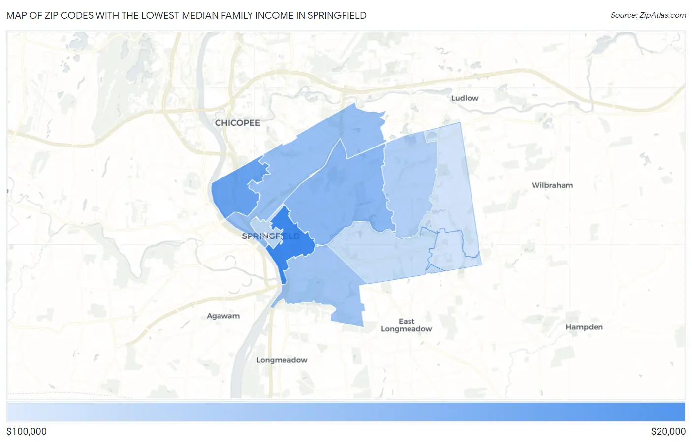 Zip Codes with the Lowest Median Family Income in Springfield Map