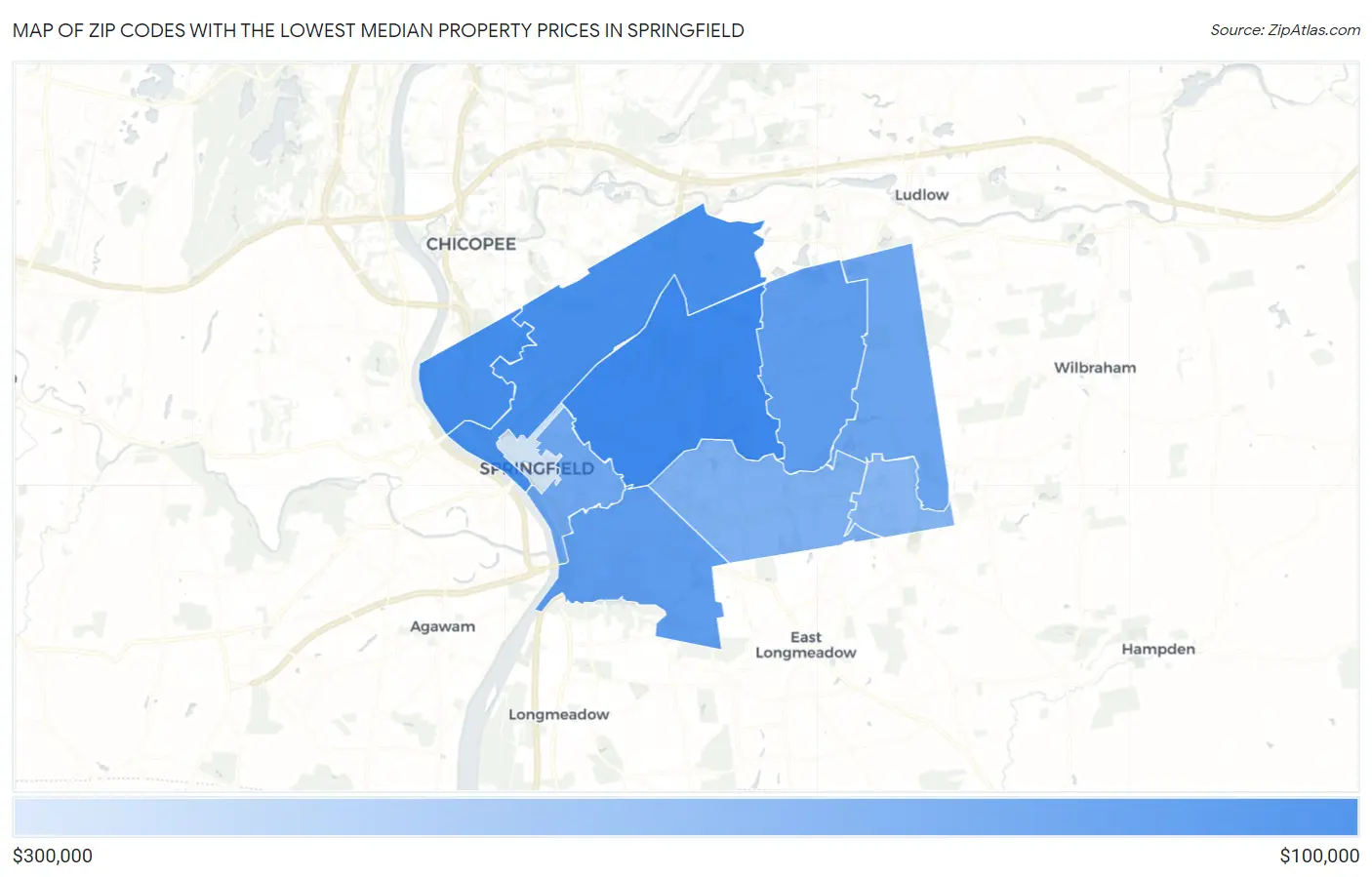 Zip Codes with the Lowest Median Property Prices in Springfield Map