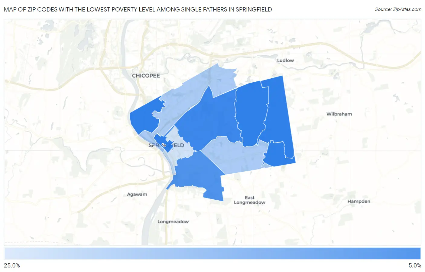 Zip Codes with the Lowest Poverty Level Among Single Fathers in Springfield Map