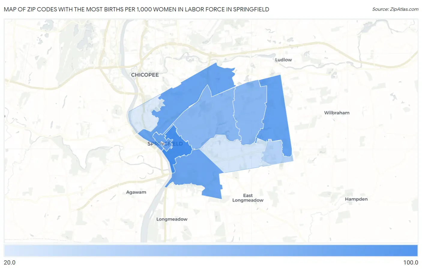 Zip Codes with the Most Births per 1,000 Women in Labor Force in Springfield Map