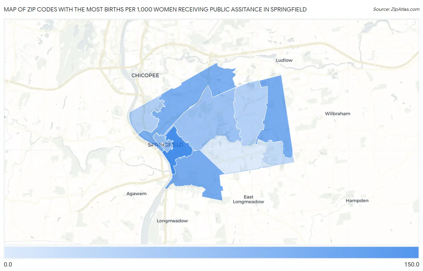 Zip Codes with the Most Births per 1,000 Women Receiving Public Assitance in Springfield Map