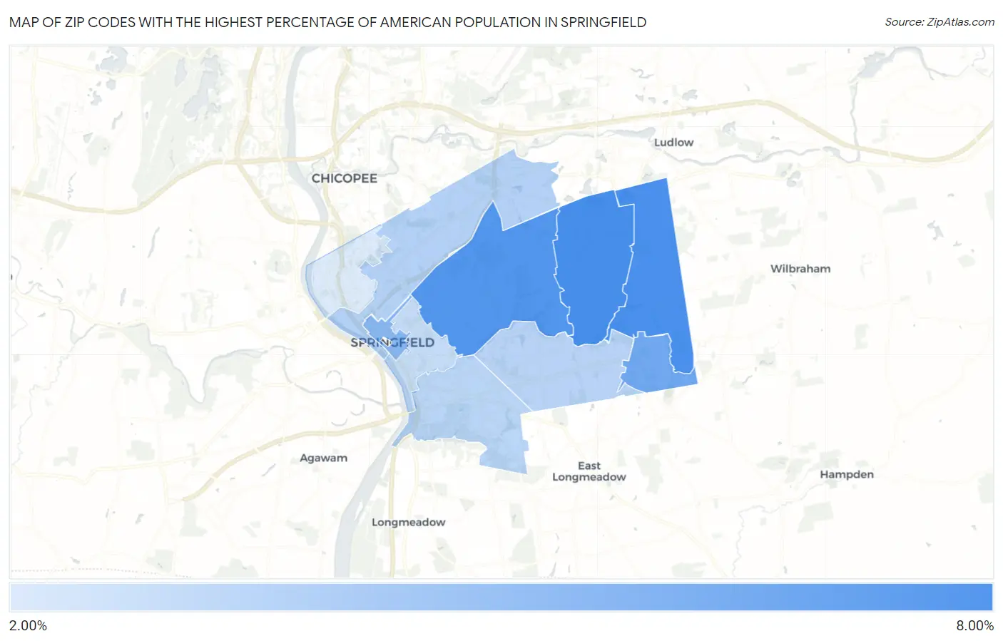 Zip Codes with the Highest Percentage of American Population in Springfield Map