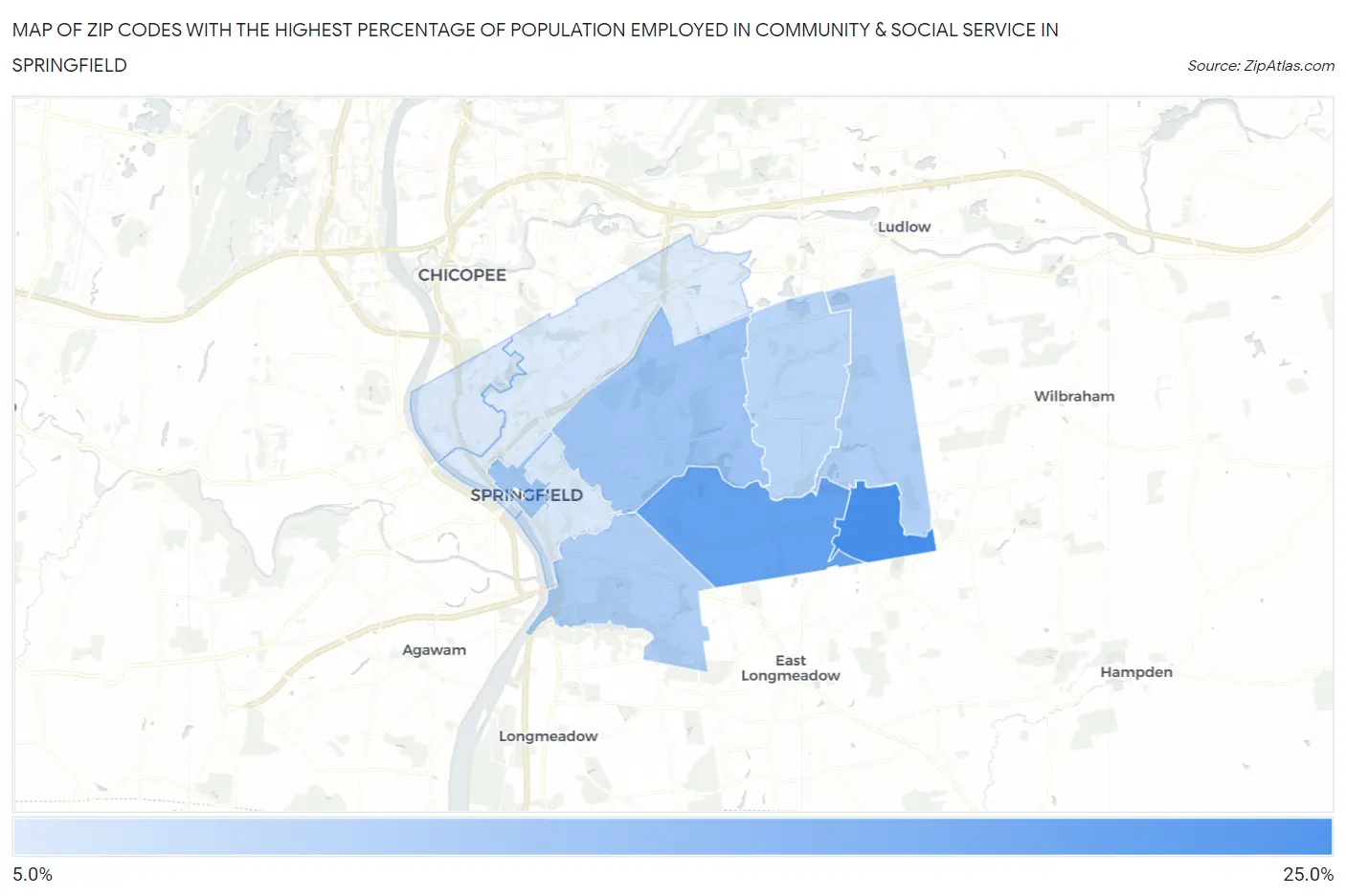 Zip Codes with the Highest Percentage of Population Employed in Community & Social Service  in Springfield Map