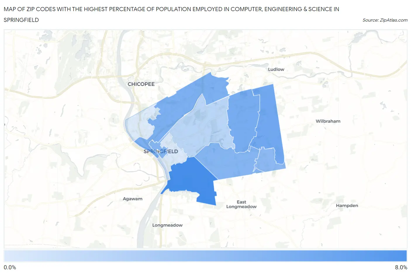Zip Codes with the Highest Percentage of Population Employed in Computer, Engineering & Science in Springfield Map