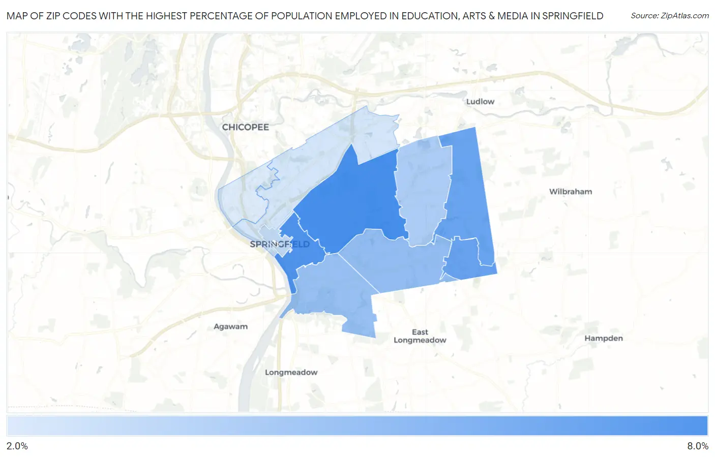 Zip Codes with the Highest Percentage of Population Employed in Education, Arts & Media in Springfield Map