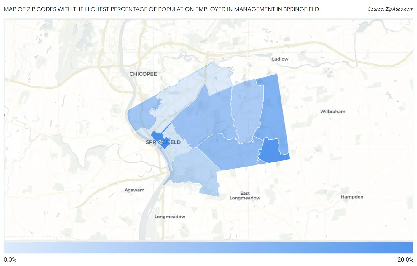 Zip Codes with the Highest Percentage of Population Employed in Management in Springfield Map