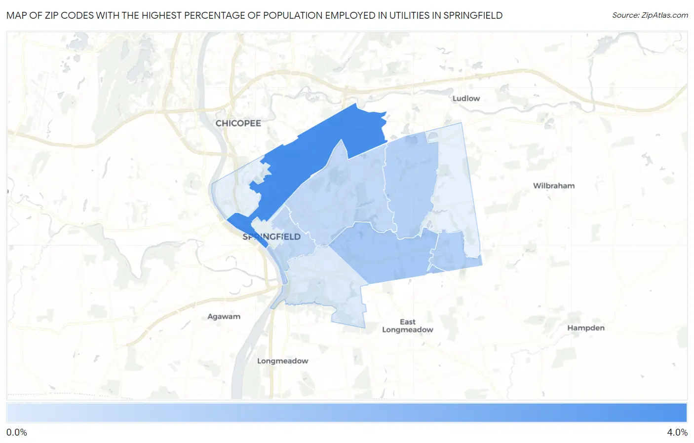 Zip Codes with the Highest Percentage of Population Employed in Utilities in Springfield Map