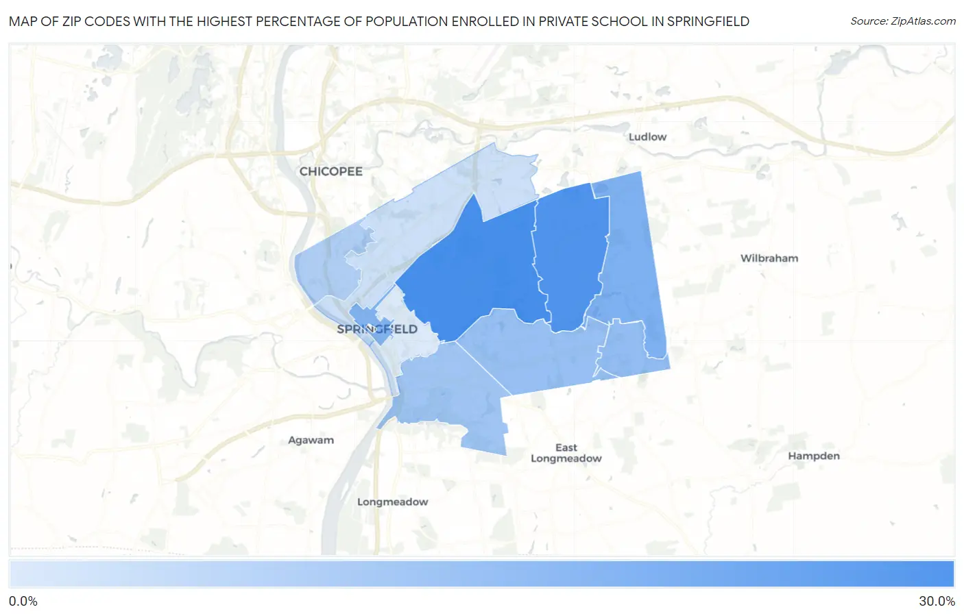 Zip Codes with the Highest Percentage of Population Enrolled in Private School in Springfield Map