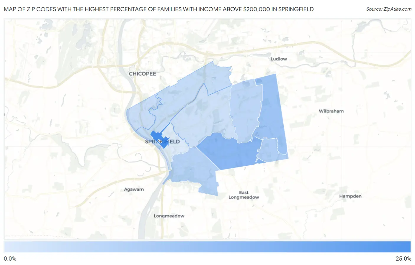 Zip Codes with the Highest Percentage of Families with Income Above $200,000 in Springfield Map