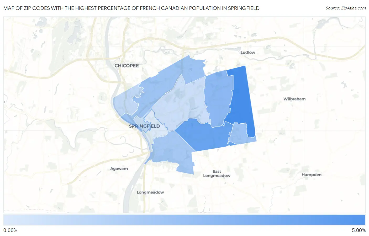 Zip Codes with the Highest Percentage of French Canadian Population in Springfield Map