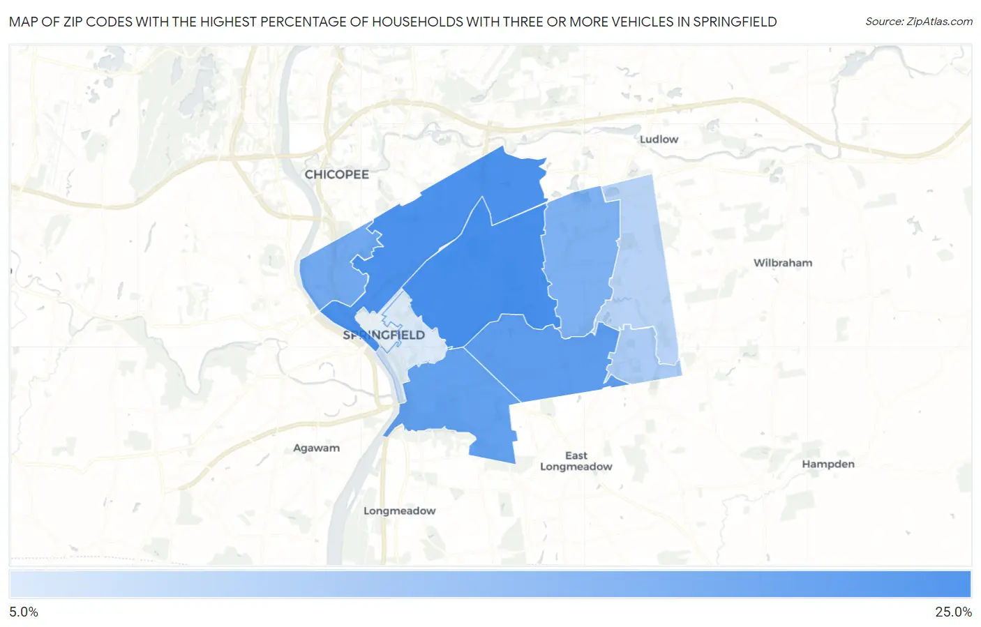 Zip Codes with the Highest Percentage of Households With Three or more Vehicles in Springfield Map