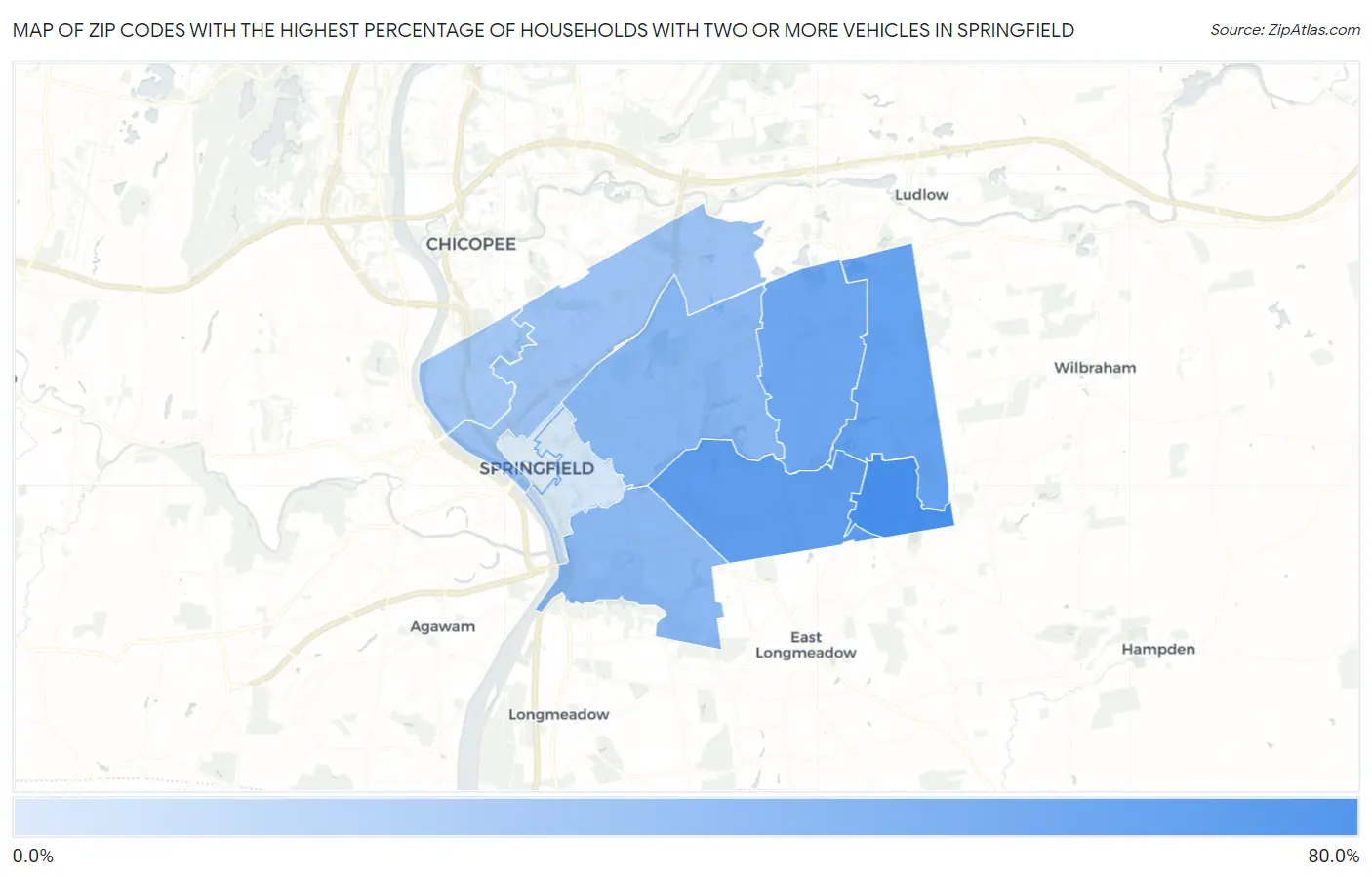 Zip Codes with the Highest Percentage of Households With Two or more Vehicles in Springfield Map