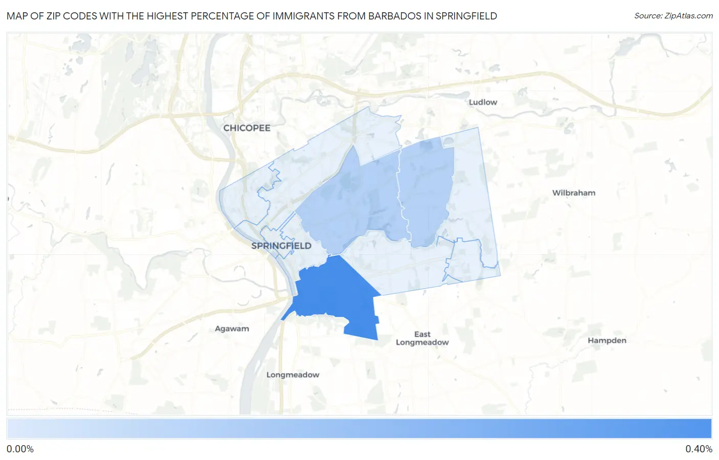 Zip Codes with the Highest Percentage of Immigrants from Barbados in Springfield Map