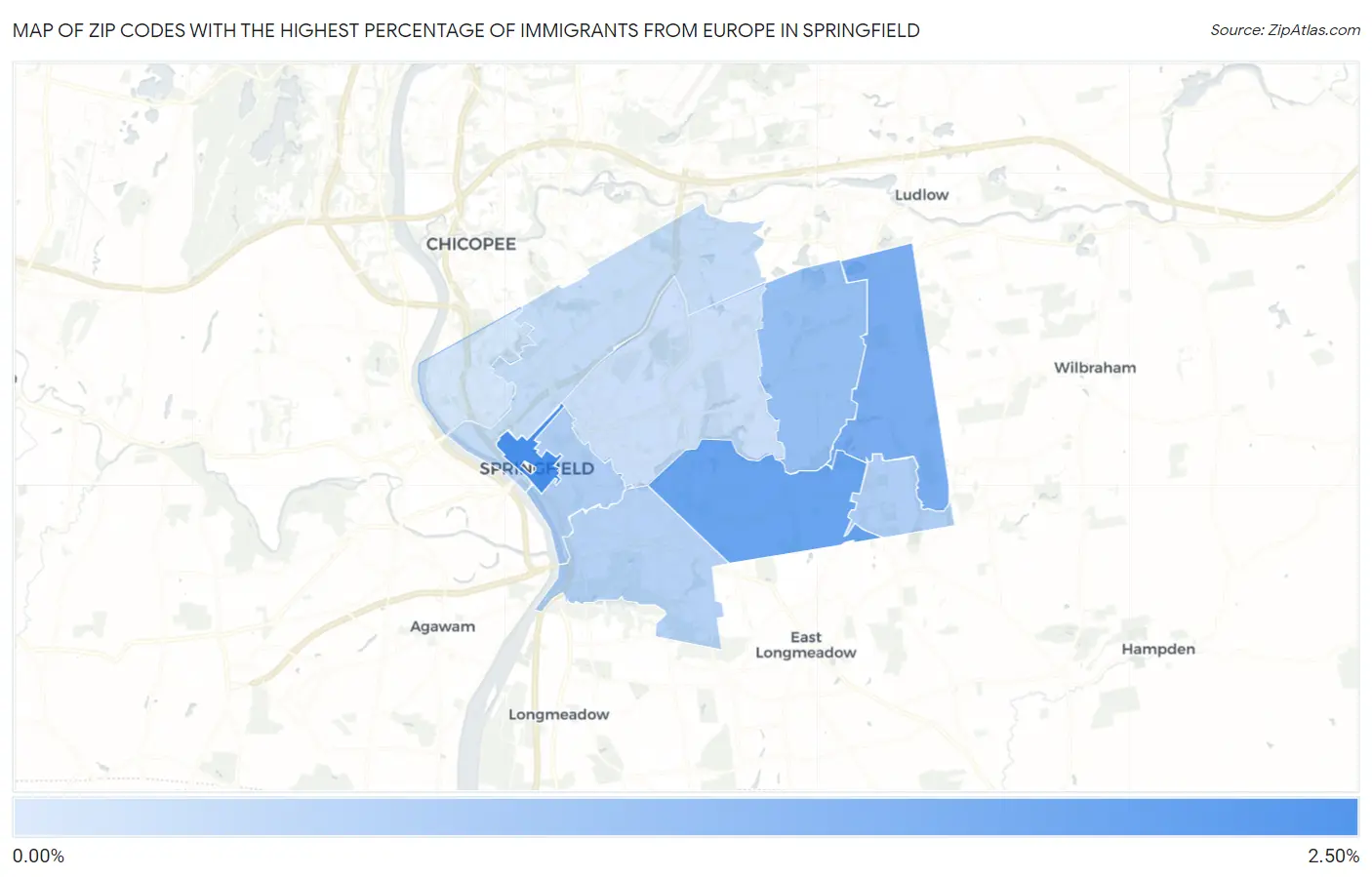 Zip Codes with the Highest Percentage of Immigrants from Europe in Springfield Map