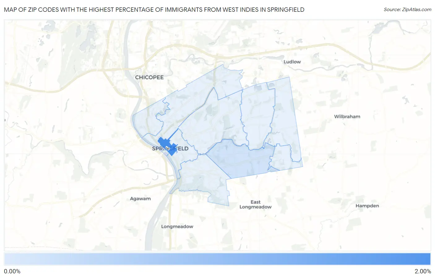 Zip Codes with the Highest Percentage of Immigrants from West Indies in Springfield Map