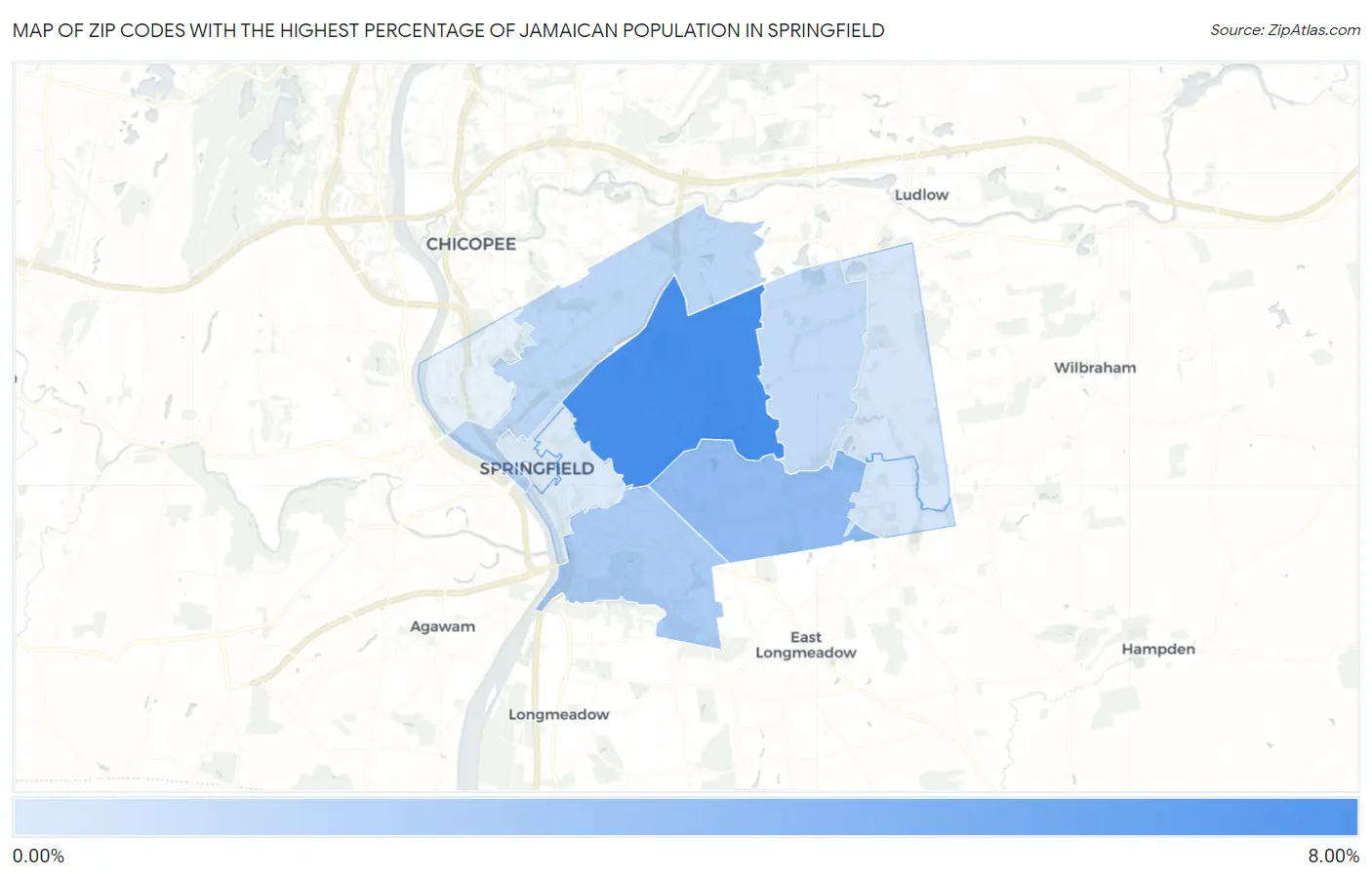 Zip Codes with the Highest Percentage of Jamaican Population in Springfield Map
