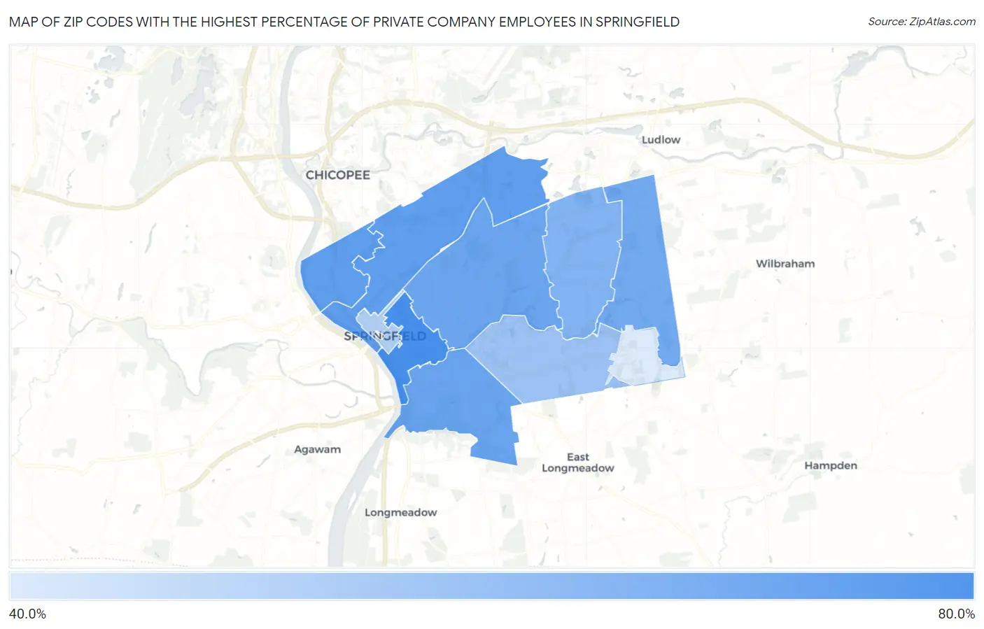 Zip Codes with the Highest Percentage of Private Company Employees in Springfield Map